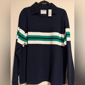 Old Navy Men’s Navy Long-Sleeve Polo with White & Green Stripes
